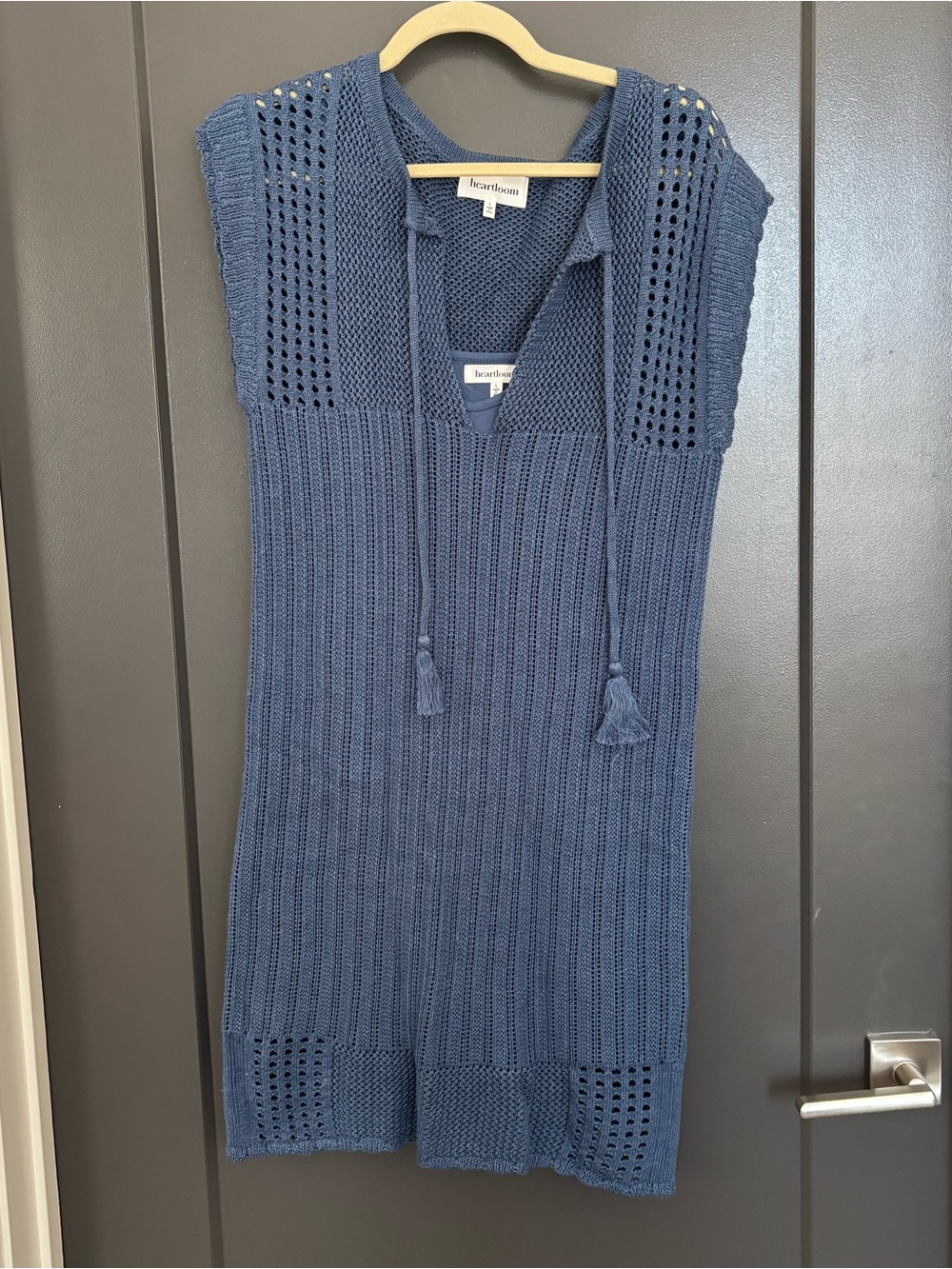Heartloom Blue Open Knit Tassel Dress Size L